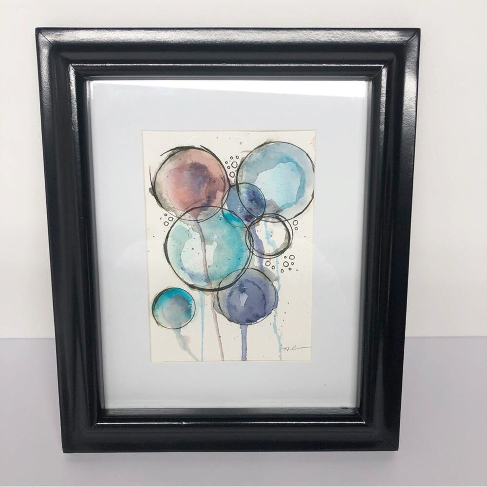 Original Artwork Framed Loose Watercolor Floral Bubble Art Painting by H. Barrow